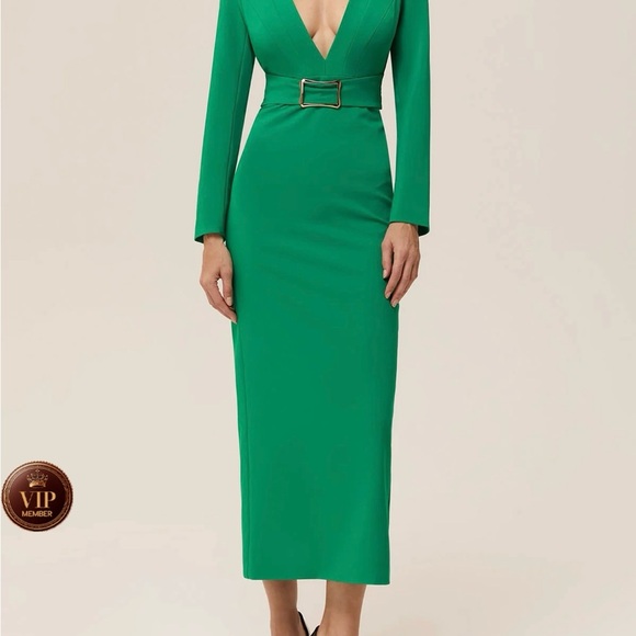 Green Deep V Neck Long Sleeve Sheath Maxi Dress - Picture 7 of 8
